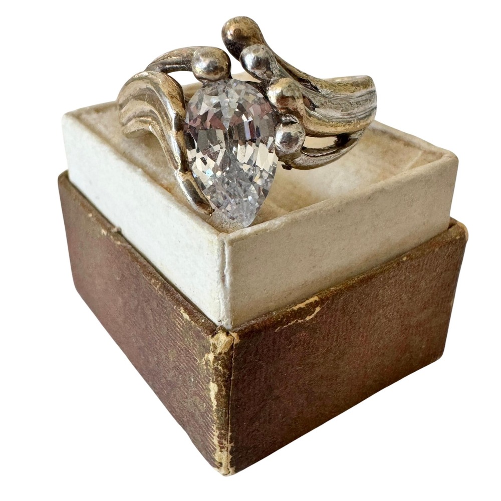 Vintage Artisan Sterling Silver Pear Cubic Zirconia Brutalist Modern Ring Size 8